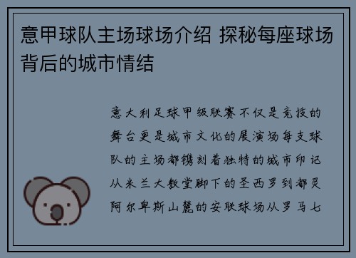 意甲球队主场球场介绍 探秘每座球场背后的城市情结