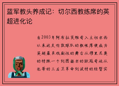 蓝军教头养成记：切尔西教练席的英超进化论